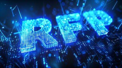 Digital blue matrix binary code forms the acronym RFP , symbolizing the concept of Request for Proposal.
