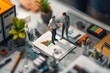 Miniature office desk scene from above, with a business couple analyzing a graph among sleek office supplies, reflecting urban minimalism.