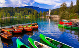 Fototapeta  - Slovenia travel . Idyllic nature scenery - beautiful magic lake Bohinj, Triglav National Park. most beautiful lakes of Europe.