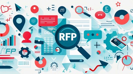 an illustration with the acronym rfp text integrates with an unfolding document, magnifying glasses 