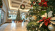 A reception area decorated with festive holiday ornaments and a beautifully decorated Christmas tree