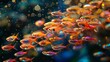 A mesmerizing shoal of rummy-nose tetras moves gracefully in a vibrant aquarium, their red noses leading the way amid bubbles and soft lighting.