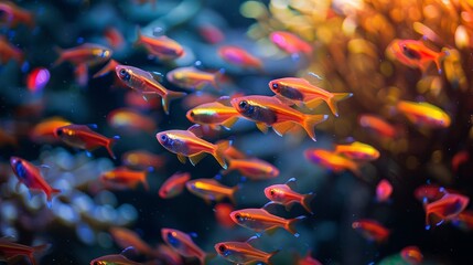 Canvas Print - Neon tetra fish radiate bright colors as they swim in the dark waters of an aquarium, their iridescent bodies creating a mesmerizing display.