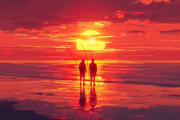 Wall Mural - Illustrate the tranquil camaraderie of two friends standing side by side, fishing along the serene North Sea coastline during a captivating sunset. 