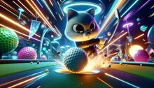3D Animated Cat Playing Golf In A Neon-lit Virtual Environment