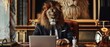 © Shutter2U - A commanding lion in a designer suit overseeing projects on a laptop in a luxurious corner office
