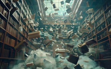 A dreamlike scene of a magical library where books float in the air