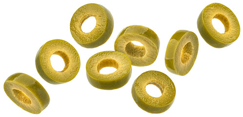 Wall Mural - falling green olive slices isolated on white background