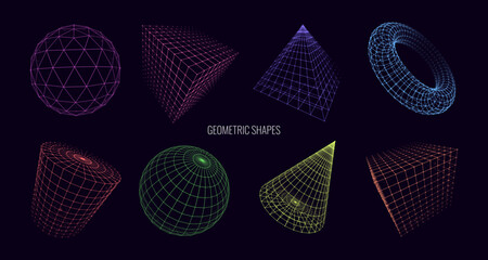 Poster - Collection of Lowpoly 3D Shapes of Platonic Solids. Polygonal Shapes Basic Linear Algebra Figures. Vectro Illustration. Graphic Shapes for Retrowave Vaporwave Synthwave Style Graphic Design.
