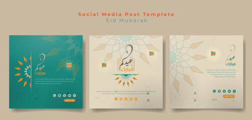 Wall Mural - Set of social media post template with mandala ornamental design and line art of mosque and lantern design. Islamic social media post template for eid mubarak. arabic text mean is eid mubarak.