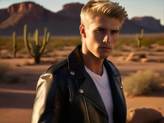 Wall Mural - Portrait of a young handsome blonde man wearing a leather jacket standing in the desert