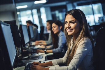 Hard working person in modern interior office programming writing web java script code AI technology generation