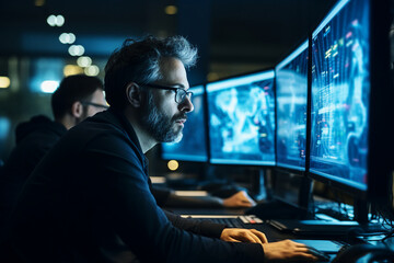 Hard working person in modern interior office programming writing web java script code AI technology generation
