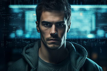 Hard working person in modern interior office programming writing web java script code AI technology generation