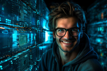 Hard working person in modern interior office programming writing web java script code AI technology generation