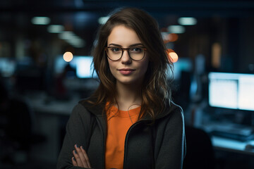 Hard working person in modern interior office programming writing web java script code AI technology generation