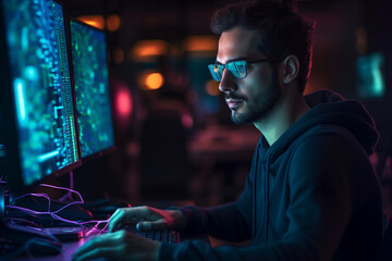 Hard working person in modern interior office programming writing web java script code AI technology generation