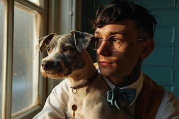 Wall Mural - Portrait of a stylish, young gay man at home, a genuine moment of companionship and friendship with his dog, representing the warmth of LGBTQ+ unity, Generative AI