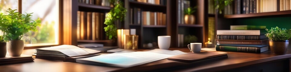 Wall Mural - Abstract colorful illustration desktop in office, blurry bokeh background for social media banner, website and for your design, space for text.	