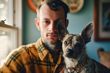 Wall Mural - Portrait of a stylish, young gay man at home, a genuine moment of companionship and friendship with his dog, representing the warmth of LGBTQ+ unity, Generative AI