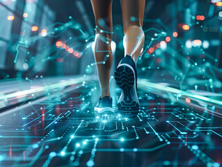 Wall Mural - A woman's leg is shown in a digital image with a blue shoe. The image has a futuristic and technological feel to it, with the leg and shoe appearing to be part of a computer simulation or digital art