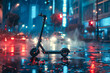 A black scooter is sitting in the rain on a wet street. The image has a moody and somewhat melancholic feel, as the rain and the dark cityscape create a sense of isolation and solitude