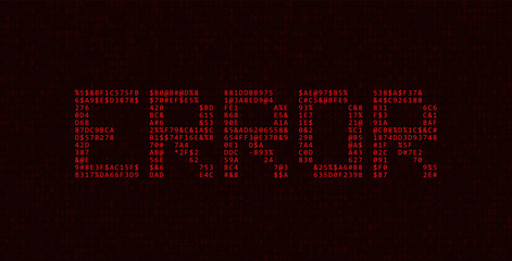 Fototapete - Red ASCII Art ERROR Word Made from Random Letters and Numbers. Dark Binary Code Error. Concept of Protected Digital Data Leak. Hacker Attack Database Malware. Cyber Security Vector Background.