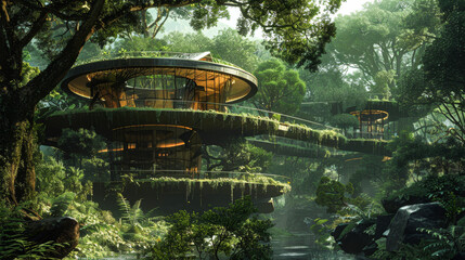 Poster - A lush green forest with a large, round house in the middle. The house is surrounded by trees and has a unique design. Scene is peaceful and serene, as the forest