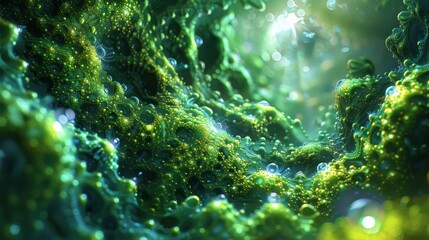 An up-close view of a teeming microbial landscape, alive with the activity of emerging life and bioluminescent beauty.