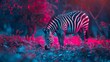 Neon zebra grazing in a neon striped savanna