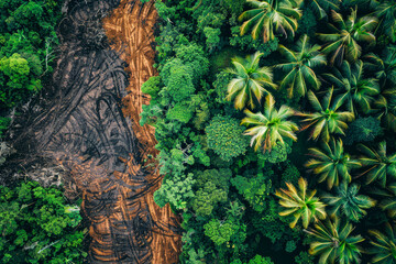 Poster - A lush green forest with a dirt road running through it. The road is covered in mud and has a large truck parked on it. The trees are tall and green, and there are palm trees in the background