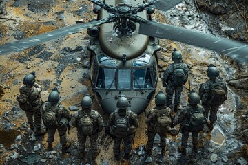 Canvas Print - A powerful image of military personnel ready to deploy, showcasing the theme of bravery and teamwork in action