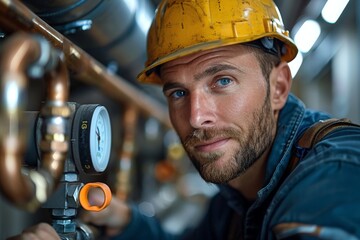 Wall Mural - A male worker with a hard hat checking pipes in a modern industrial environment