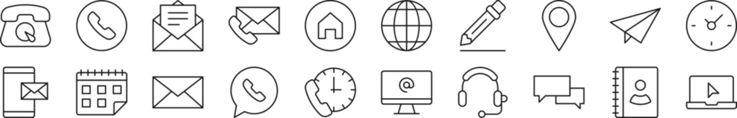 Wall Mural - Collection of thin signs of contact us. Editable stroke. Simple linear illustration for stores, shops, banners, design