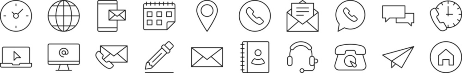 Wall Mural - Pack of linear symbols of contact us. Editable stroke. Linear symbol for web sites, newspapers, articles book