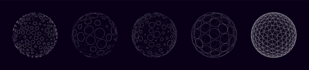 Aufkleber - Circle Lines on 3D Spheres. Global Digital Connections. 3D Wireframe Sphere Symbols Illustration. Abstract 3D Design. Technology Science Style Vector Background.