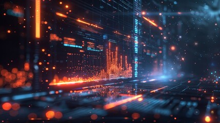 Wall Mural - Abstract visualization of data streaming and processing in a dynamic server room environment with glowing lights and graphs.