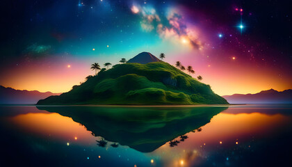 Wall Mural - A celestial island floating in space, surrounded by stars and glowing with a magical light.
