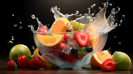 Wall Mural - Fruit salad in a glass bowl with splashes on a black background