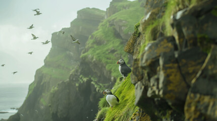 puffins on the cliffs, puffin bird