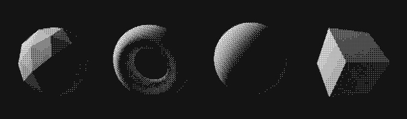 Poster - Abstract Graphic Design 3D Forms Elements. Trendy Shapes Sphere, Torus, Cube with Bitmap Raster Dithering Effect. Y2K Geometric Shapes. Brutalist Design. Vector Dither Gradient Effect.