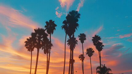 Modern city street with palm trees, malibu sunset sky, blue, orange and pink, natural light, shadow play, background, texture, wallpaper