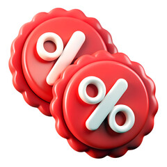 3d two red circular discount sale stickers with white percentage sign isolated on transparent png background