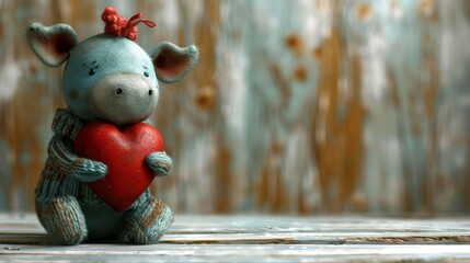 Wall Mural - a figurine of a pig holding a heart on top of a wooden floor in front of a wooden wall.