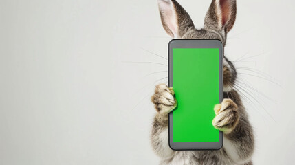 A grey rabbit shows his mobile phone with a green screen on a gray background