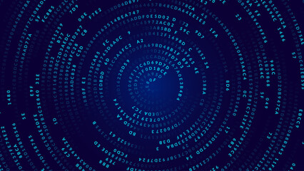 Fototapete - Blue Abstract Matrix Vortex Technology Background. Binary Computer Code Dynamic Spiral. Programming, Coding, Hacker Concept. Binary Numbers Moving in Spiral. Vector Illustration. Sci-fi Background.