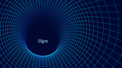 Fototapete - Blue Digital Tunnel or Wormhole. Wireframe Abstract Mesh with Hole. 3D Tunnel Grid Mesh. Blue Hi Tech Texture. Technology or Science Vector Illustation.