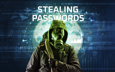 Poster - Faceless hacker at work, security concept