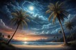 Palms on Night Beach under Clouds with Magnificent Spiral Skies