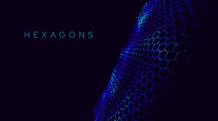 Wall Mural - Graphene Technology Science 3D Background. Nanotechnology Honeycomb Lattice Nanostructure. Abstract Science Particles. Blue Network Connection Concept. Futuristic Honeycomb Concept. Vector